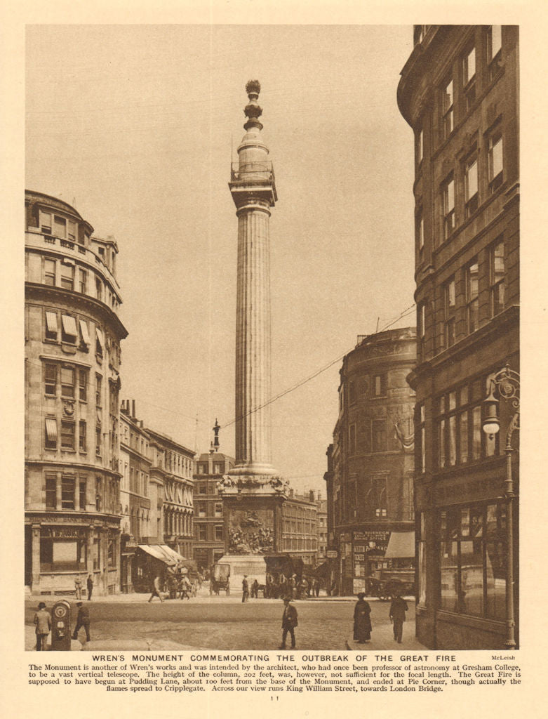 Wren's Monument commemorating the Great Fire 1926 old vintage print picture